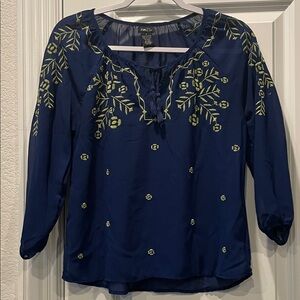Rue21 Navy Blue Embroidered Boho Tunic with Yellow-Green Accents